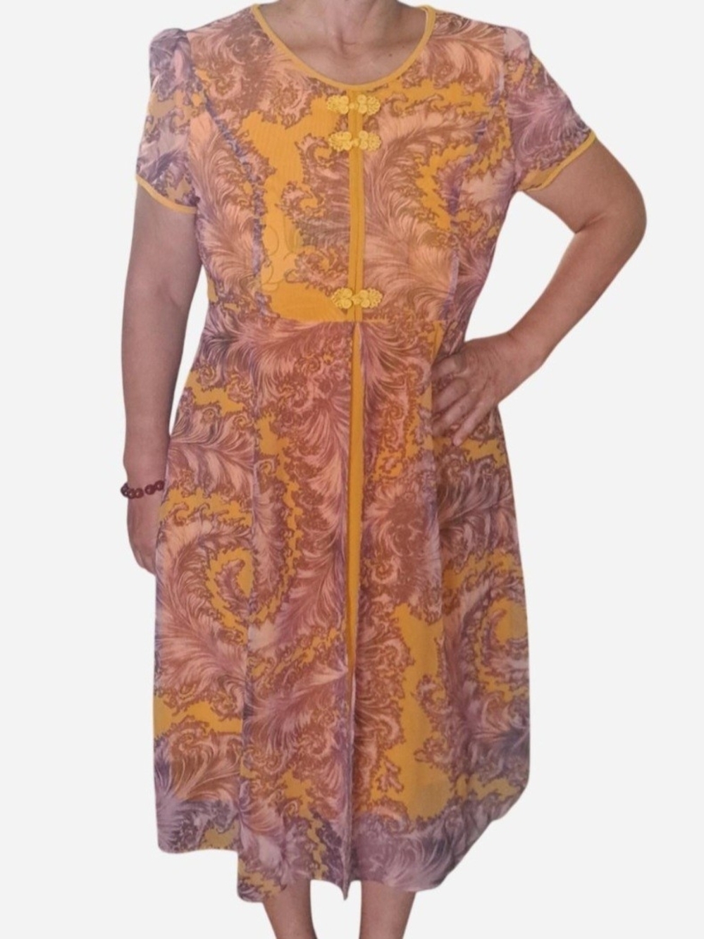 Yellow & Mauve Printed Short-Sleeve Midi Dress